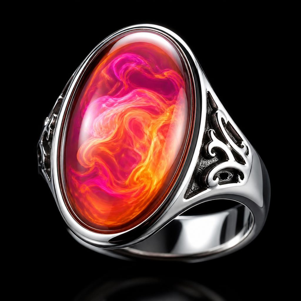 Mood ring with a pink and orange glowing stone